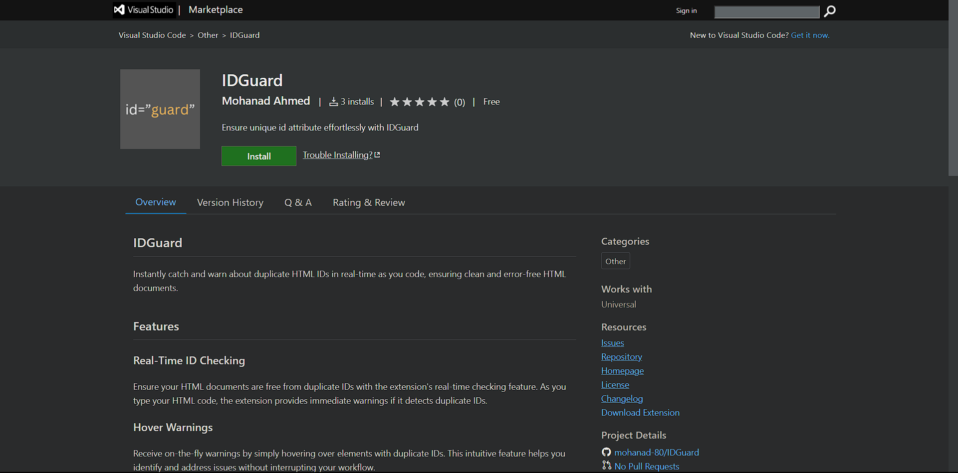 IDGuard extension page preview